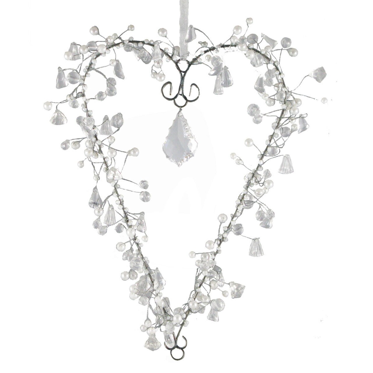 Crafted Creations Set of 2 Clear and White Beaded Heart Hanging Crystal 11"
